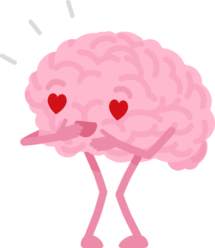 Brain character, cute funny face, romantic love emotional  desire
